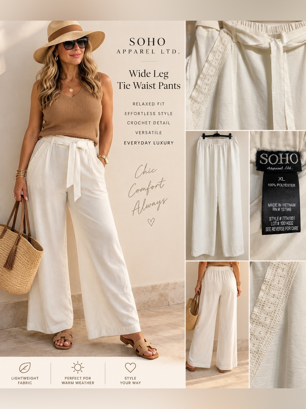 Soho Cream Wide-Leg Tie Waist Pants with Crochet Detail